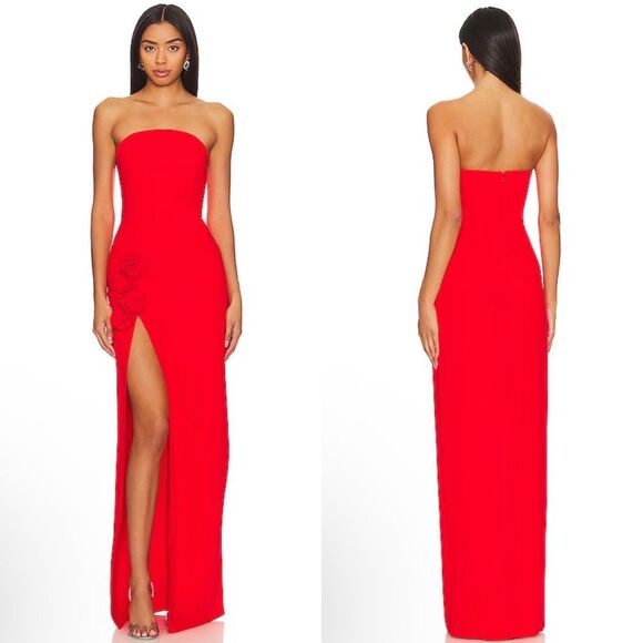 Amanda Uprichard X Revolve Wolfe Maxi Gown In Crimson Red Rosettes - Picture 1 of 11
